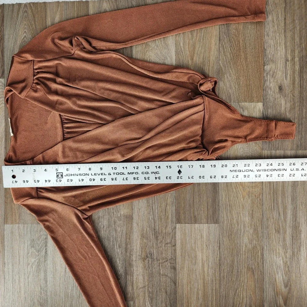 Intimately Free‎ People Brown Long Sleeve Plunging Neckline Ruched Bodysuit XS